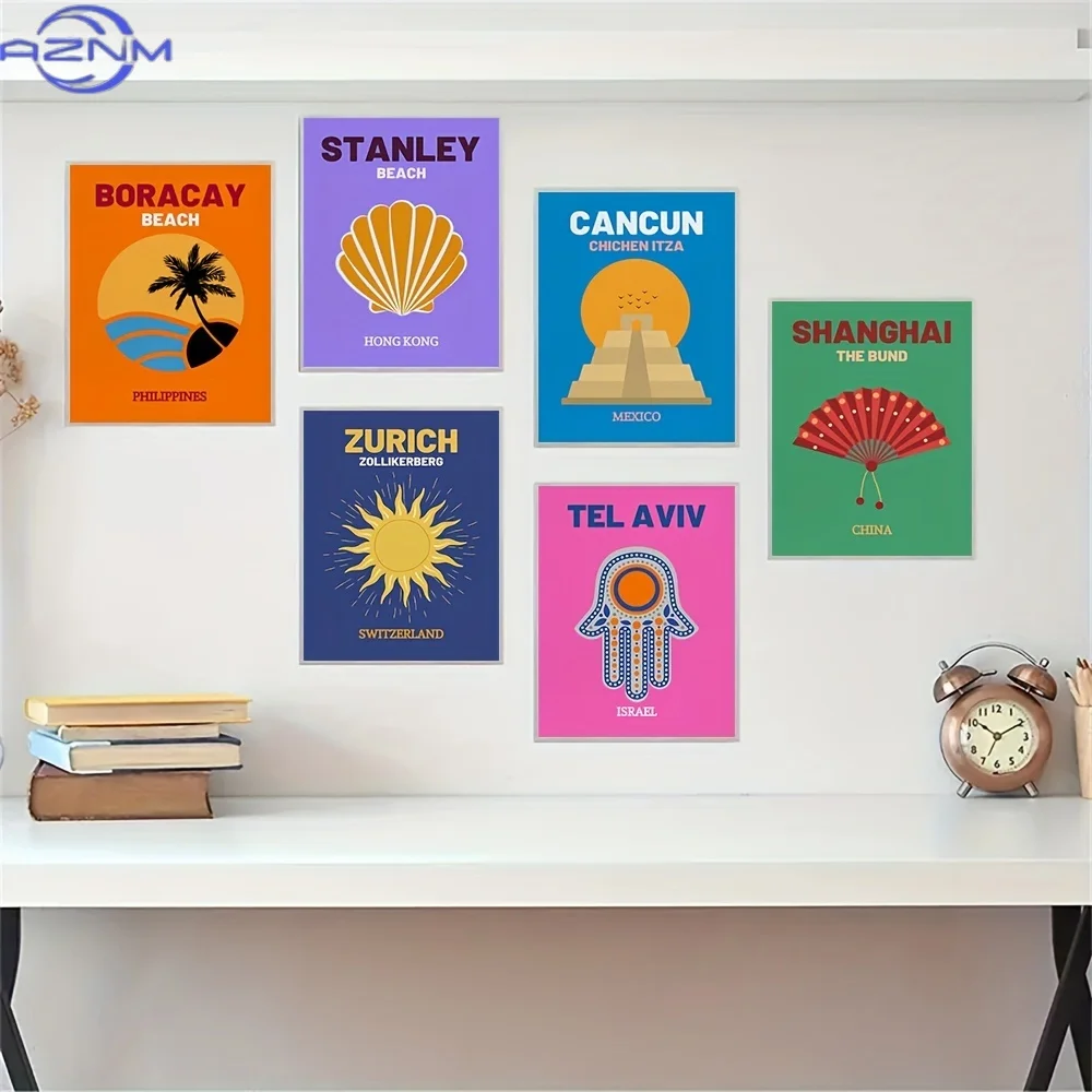 Set of 6 Unframed Vibrant Travel Posters And Prints Featuring Maximalist Canvas Art of Shanghai, Boracay, Cancun, Stanley, And Z