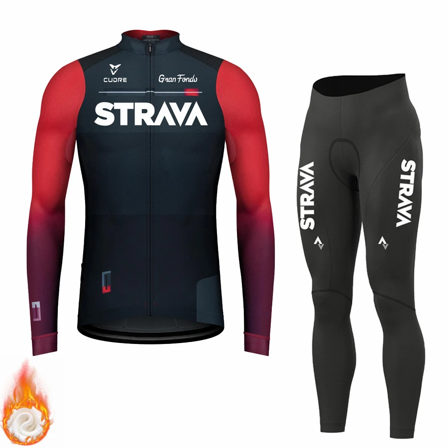 STRAVA Cycling Clothing Man Winter Thermal Fleece Men Mtb Men\'s Male 2024 Jersey Team Laser Cut Blouse Sports Set Triathlon Suit