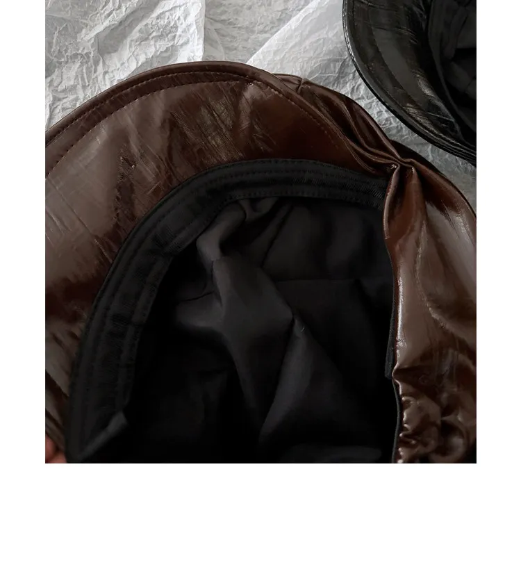 Nischenartige Baskenmützen aus PU-Leder mit unregelmäßigen Falten für Damen, Herbst- und Wintertrend, vielseitige, personalisierte Newsboy-Mützen – Detail 13
