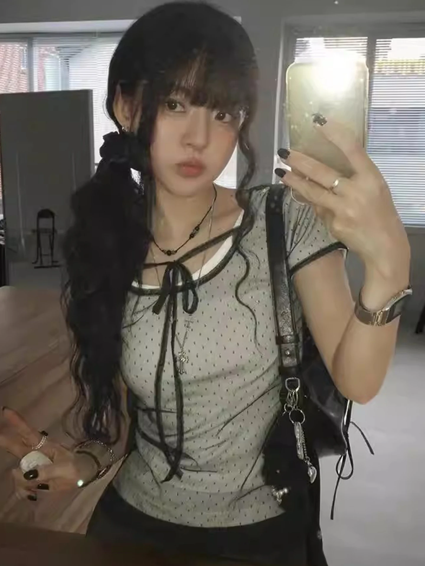 

Korean Style Lace Shirt Short Sleeve Mesh Women's Summer New round Neck Tie Transparent Layered Top Polyester Fiber Loose Fit