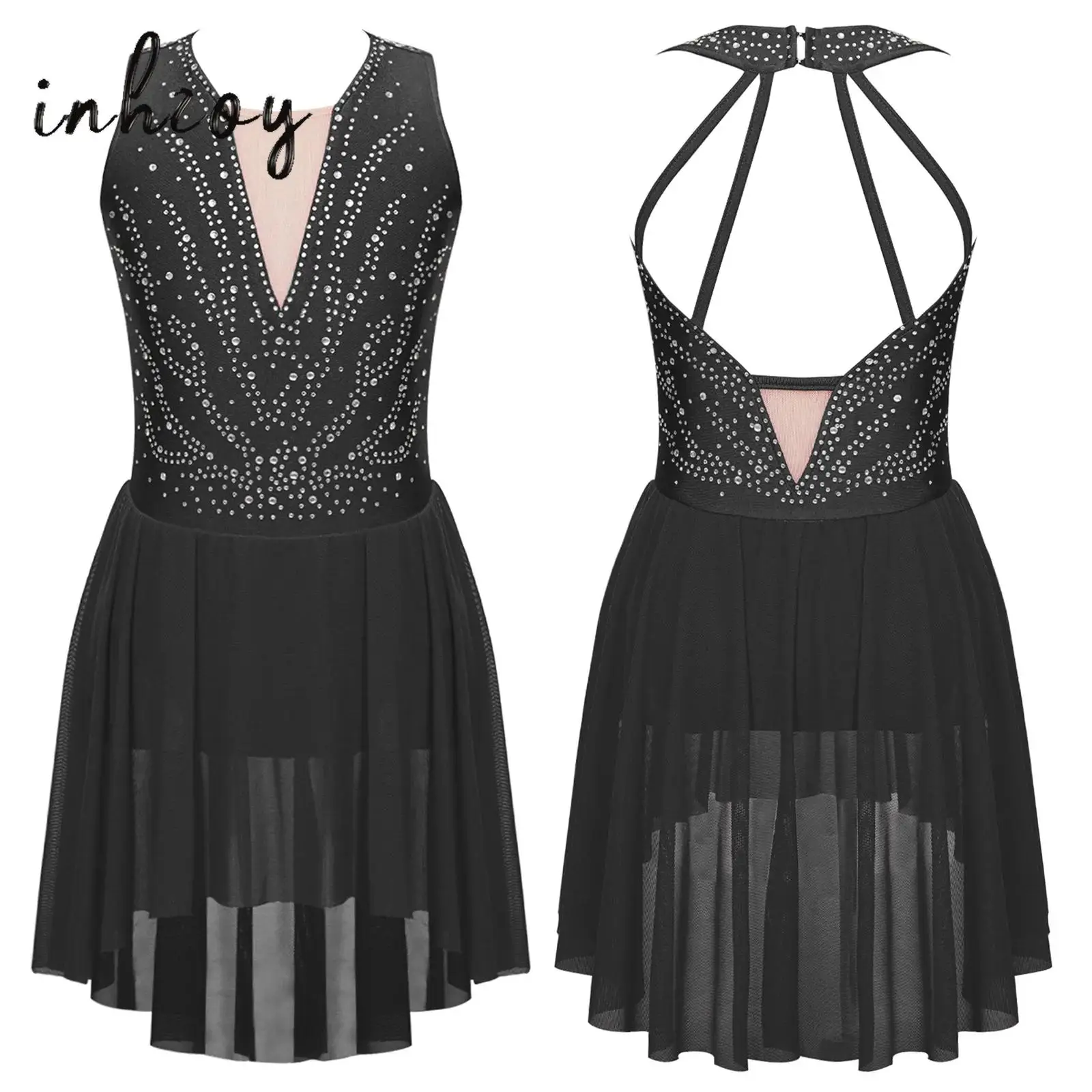 

Kids Girls Figure Skating Performance Dress Rhinestone Strappy Back Asymmetrical Hem Sleeveless Dance Dress Lyrical Ballet Dress