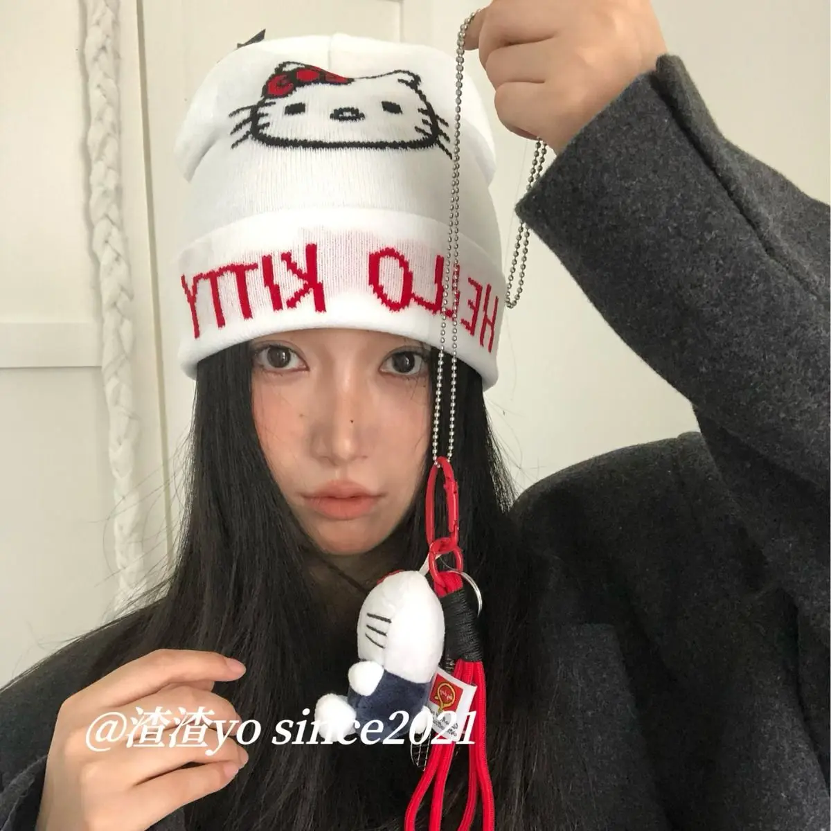 Nuevo Sanrio Hello Kitty gorro tejido para niña, gorro blanco para el frío, versátil para otoño e invierno, gorro tejido de lana para gatito, juguetes de regalo