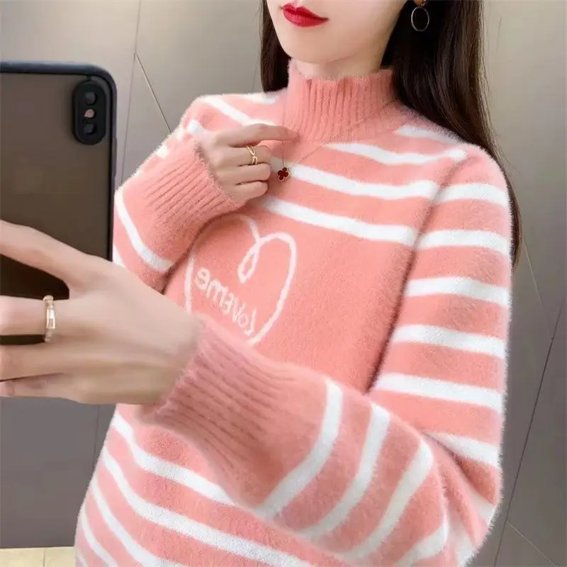 Women's Autumn Winter Turtleneck Striped Geometric Shape Letter Flocked Long Sleeve Sweater Knitted Undershirt Vintage Tops