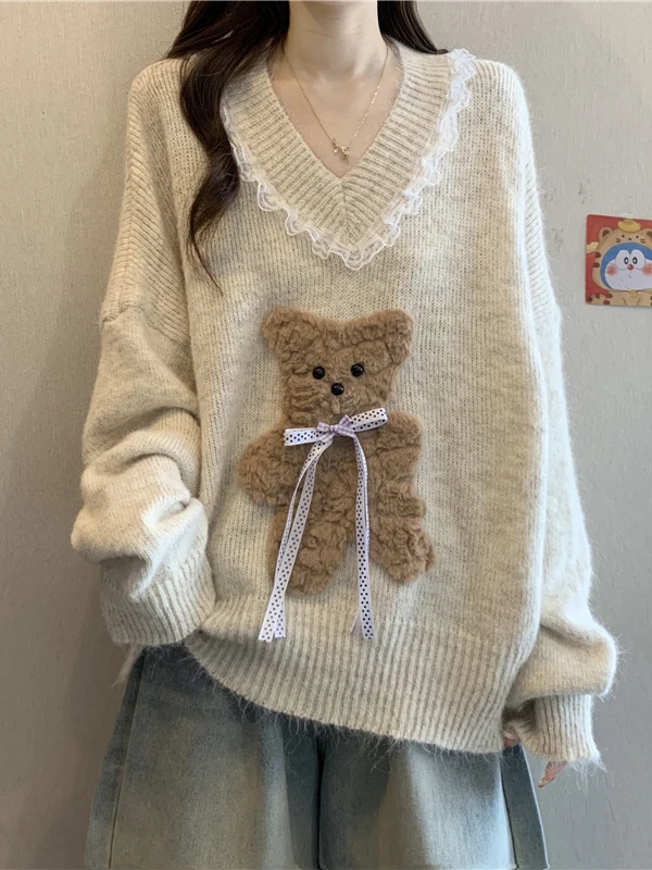 

Уникальный красивый кружевной трикотаж с рисунком медведя, женский топ больших размеров, свободный крой, осенне-зимний пуловер с v-образным вырезом, мягкий средний калибр
