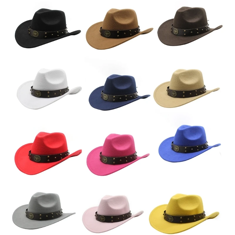 

Woolen Felt Cowboy Hat for Adult with Belt Fashion Carnivals Party Costume Women Men Halloween Festival Headwear