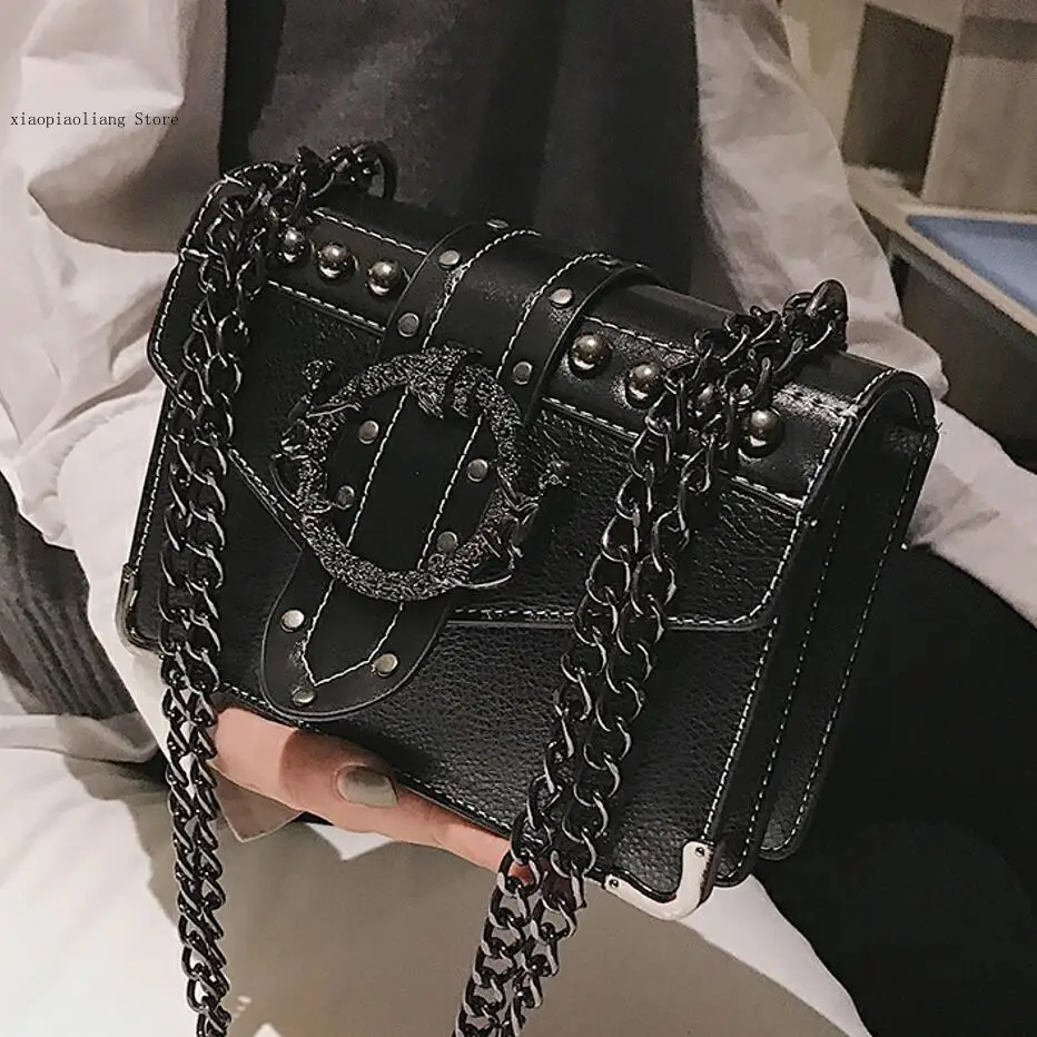 Fashion Women\'s Bag High Quality Pu Leather Designer Handbag Rivet Chain Chain Shoulder Crossbody Bag