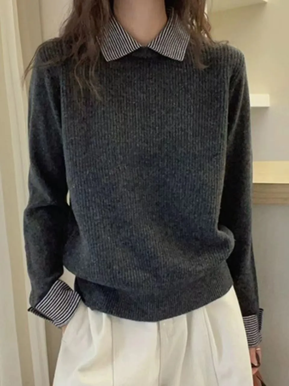 

Полосатый лоскутный вязаный свитер с воротником в стиле ретро, женский ранний весенний эле, высококачественный универсальный свитер на голову