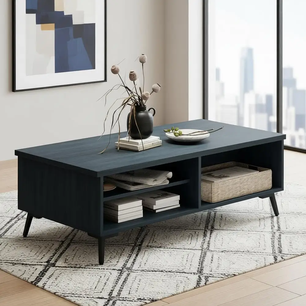 

Vintage 2-Tier Rectangular Coffee Table with Storage, Metal Legs, Charcoal Blue for Mid-Century Living Room