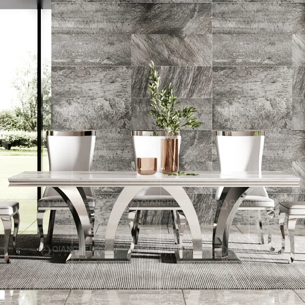 Fine quality interior furniture stainless steel base 8 seater chairs table modern marble dining table set