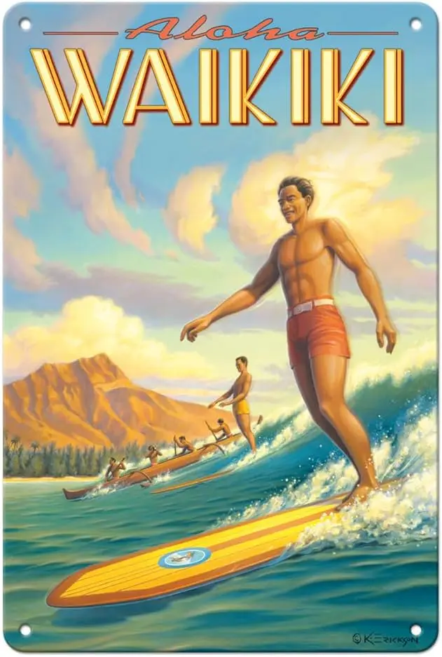 1p,Pacifica Island Art Aloha Waikiki - Surfing - Diamond Head - Oahu - Honolulu Hawaii - Vintage Hawaiian Travel Poster by Kerne