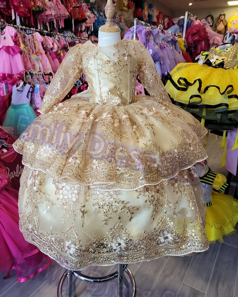 

Customized Champagne Flower Girl Dresses For Wedding Lace Applique Puffy Kids Birthday Party Princess First Communion Gowns