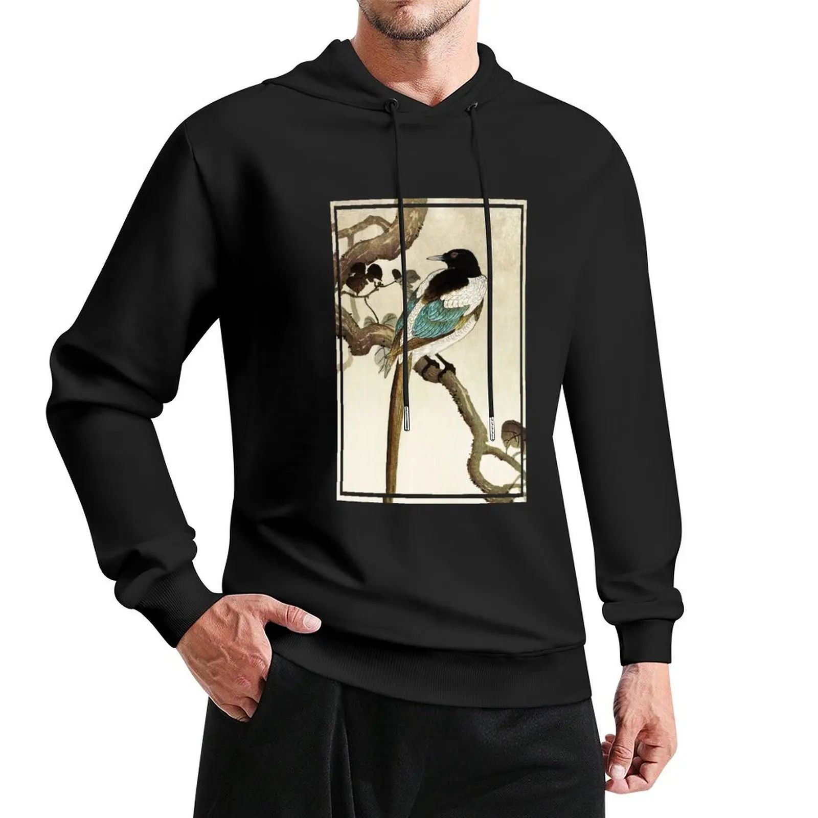 Magpie on tree branch by Ohara Koson Pullover Hoodie streetwear men men's clothing men's oversize hoodie