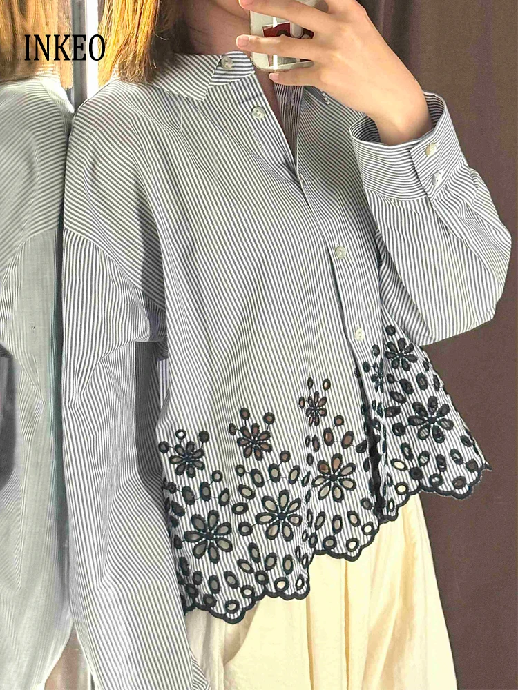 

Vintage Floral embroidery lace blouse Striped print Cropped tops 2024 New Drop shoulder sleeve shirt oversized Chic INKEO 4T165