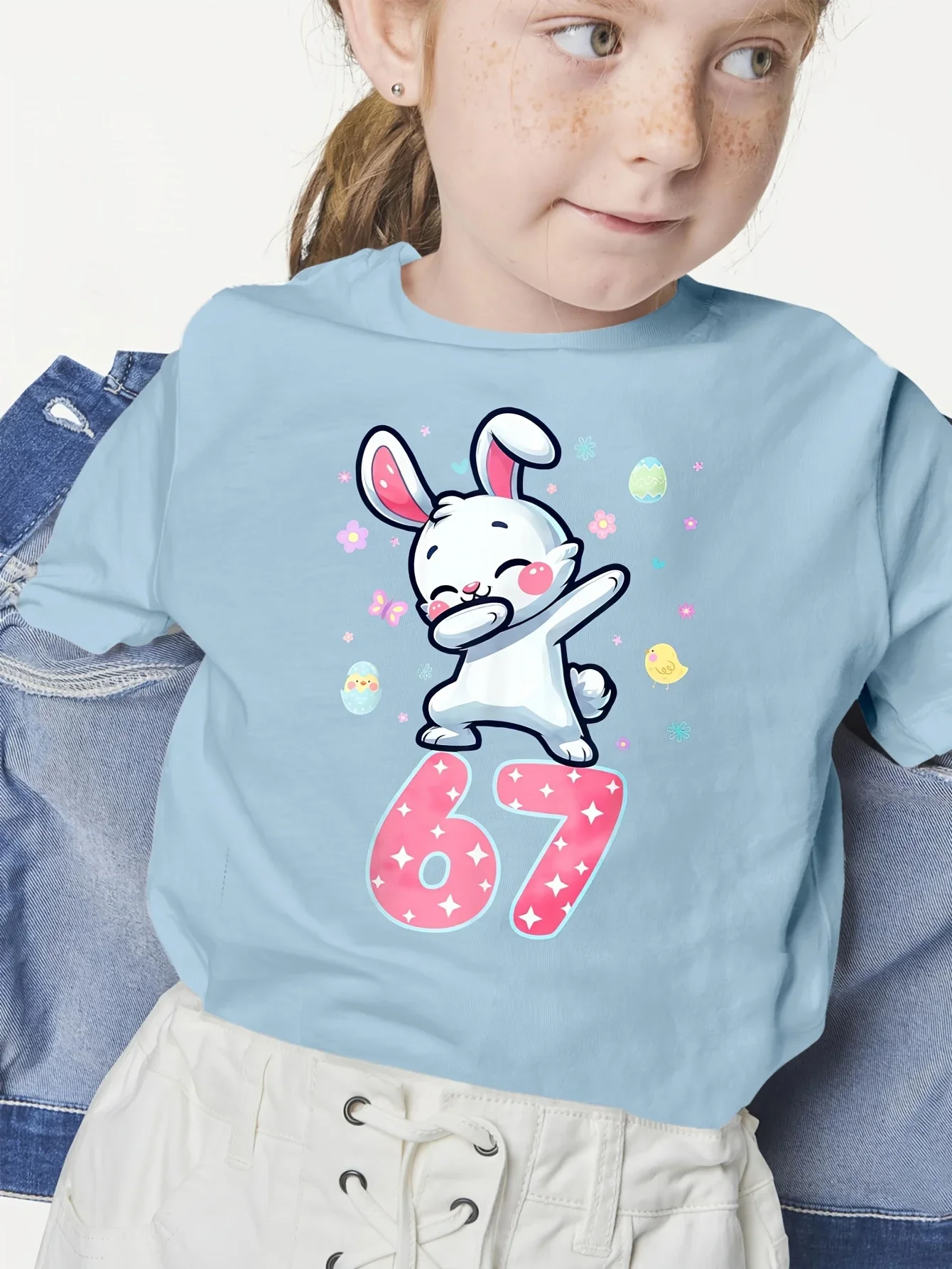 Girls Easter Dabbing Bunny Number 67 Egg Chick Floral Graphic Short Sleeve T Shirt Cute Holiday Kids Summer Top