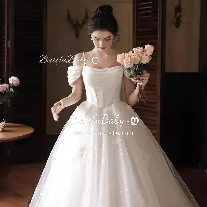 BeitifuBaby-vestidos de novia para mujer, vestido de corte en A con tirantes y hombros descubiertos, apliques de Organza sin mangas, vestido Formal de novia 2024