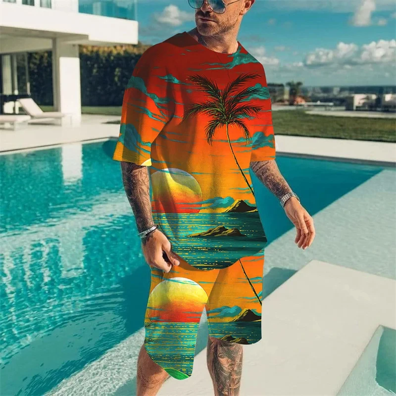 2024 New Summer Men\'s T Shirts+Shorts 2PCS Outfits Casual Holiday Style Shorts Sets 3D Print Male Clothes O-Neck Sportwear Suits