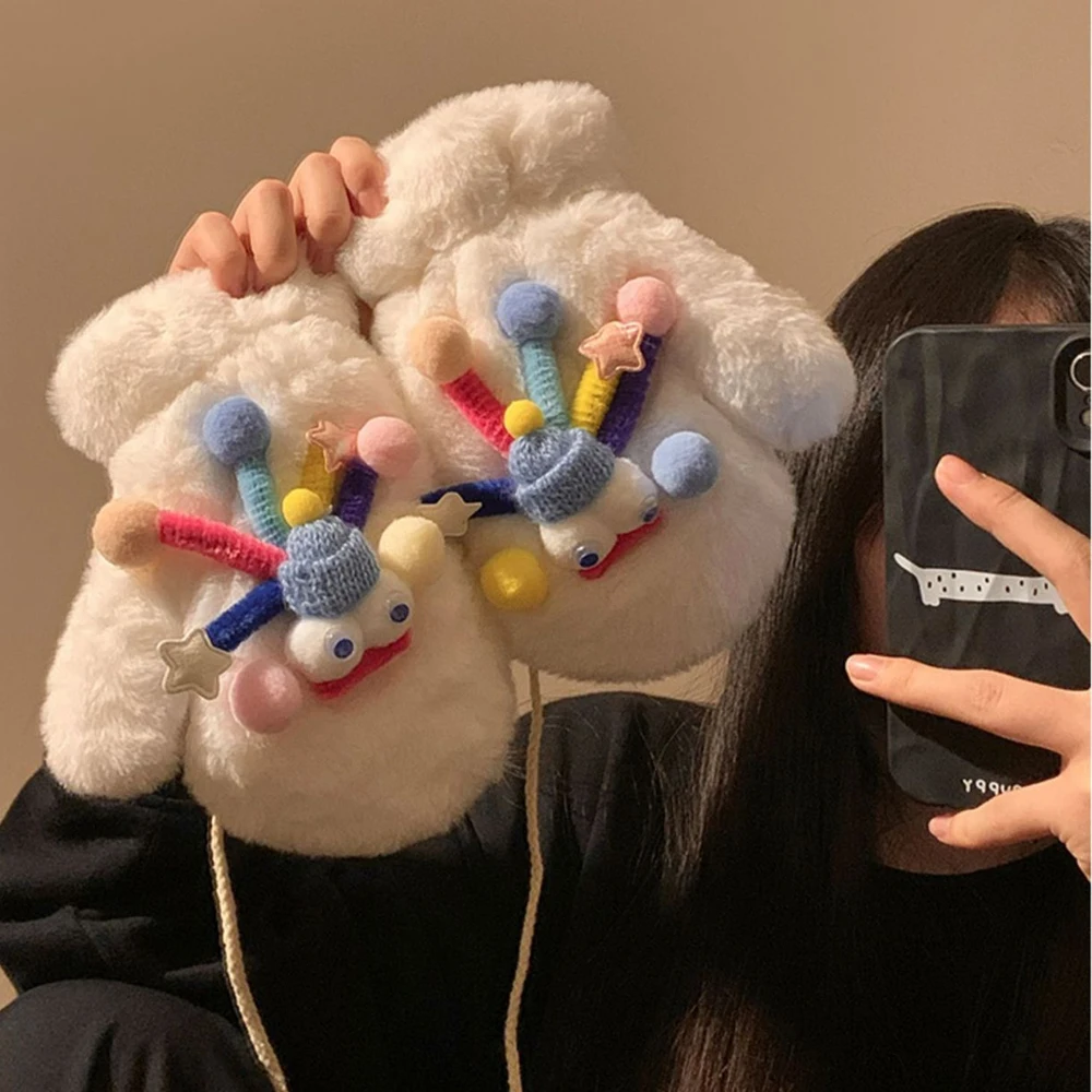 Nouveaux gants écharpe originaux mignons et en peluche épais chaud cyclisme cou suspendus gants pour l'hiver froid et coupe-vent femme étudiant cadeau