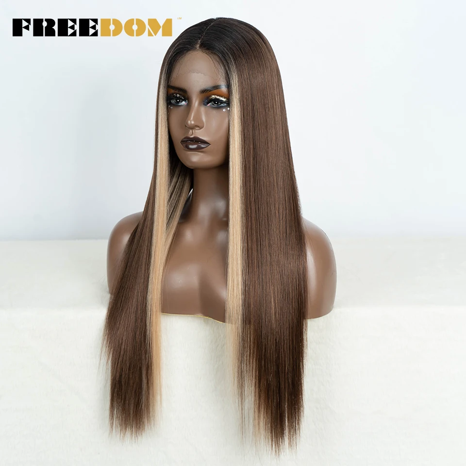 FREEDOM 13x4 Synthetic Lace Front Wigs For Black Women 32 inch Long Straight Lace Wig Ombre Blonde Ginger Highlight Cosplay Wigs