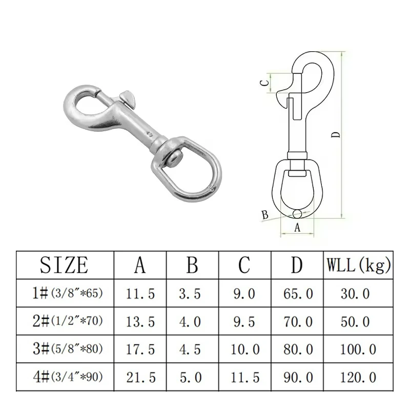 Oval Single End Swivel Eye Bolt Snap Hook  Marine Grade 316 Stainless Steel 65mm 72mm 82mm 91mm For Dog Leash Diving