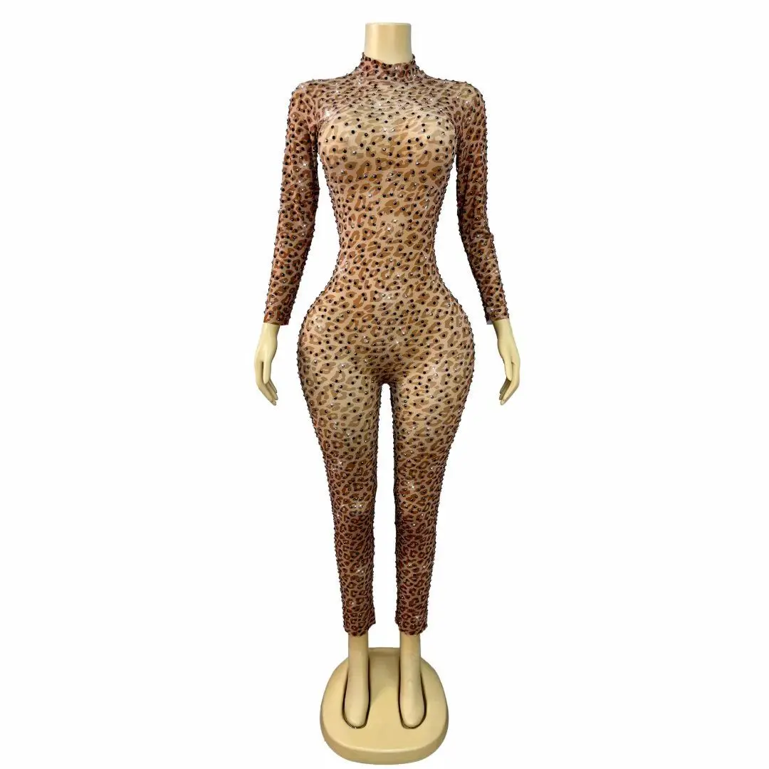 

Sexy Long Sleeves Leopard Print Rhinestone Jumpsuits Female Birthday Party Bodycon Rompers Women Skinny Night Club Bodysuits