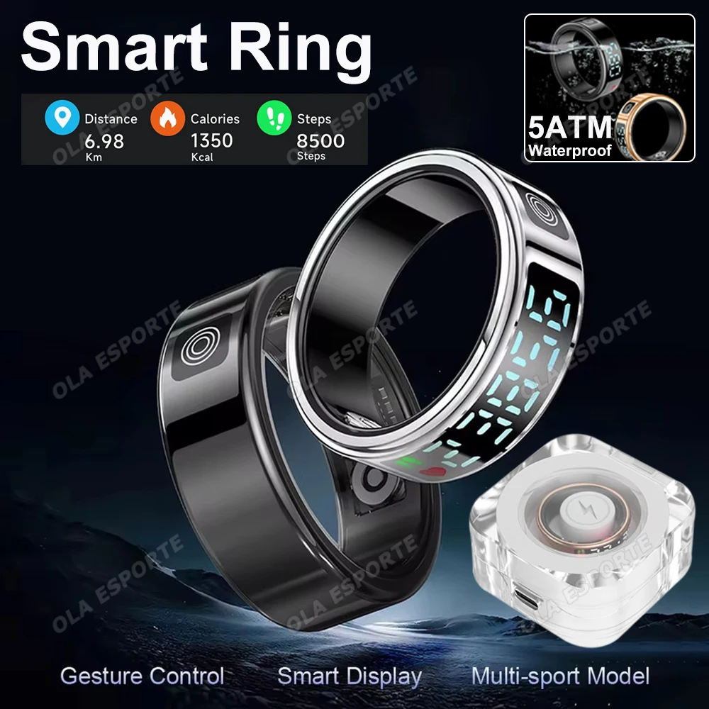 

Новое модное мужское и женское умное кольцо с зарядным чехлом, 5 АТМ, водонепроницаемое, несколько спортивных режимов, фитнес-кольца, монитор здоровья и сна