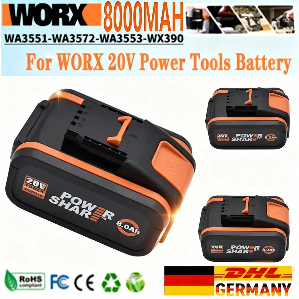 Batterie au lithium-ion Fit WORX Powershare 20V 8Ah WA3644, haute performance et longue durée de vie, compatible avec tous les outils WORX