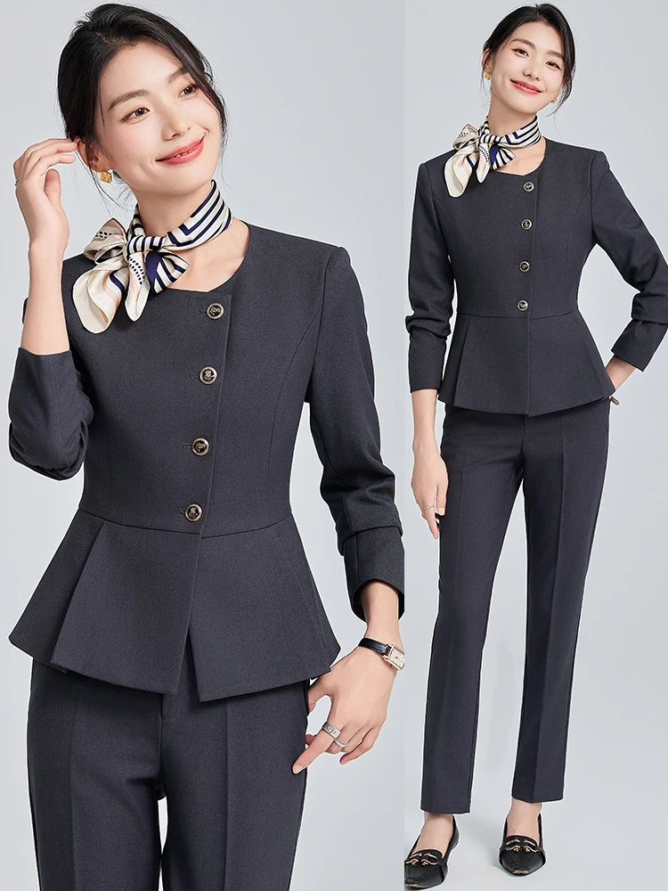Gray Suit Set for Women Professional Jewelry Store Beauty Salon Work Uniform High End Career Formal Wear Air Stewardess Uniform