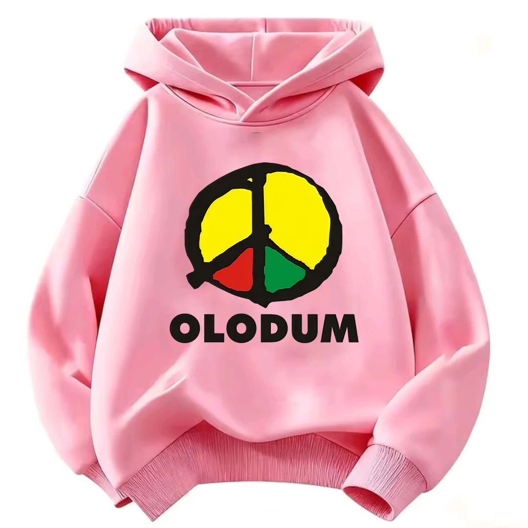 Kids Boys Girls Hoodie Olodum Peace Symbol Yellow Red Green Print Pullover Long‑Sleeve Sweatshirt Autumn Casual Outerwear