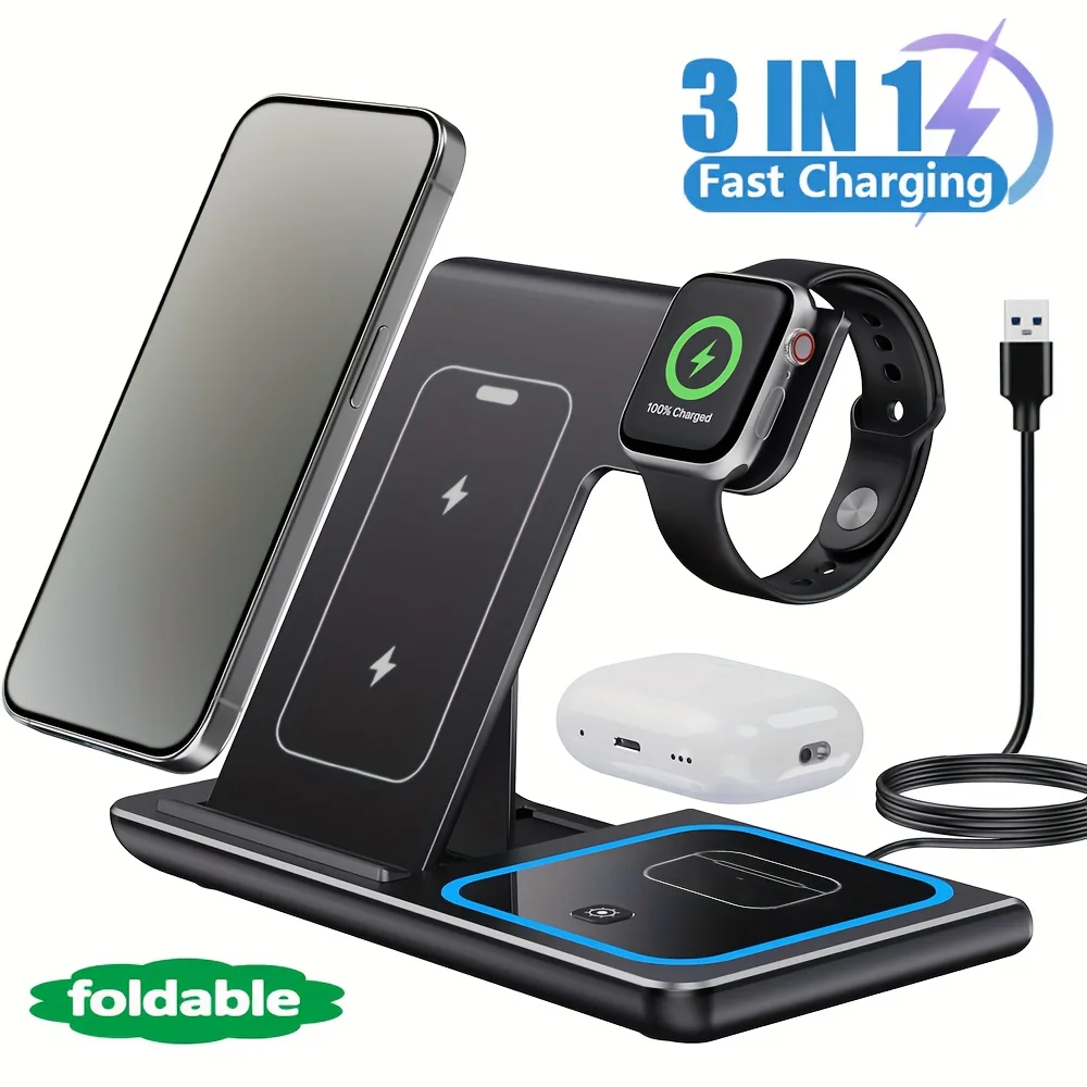 3-In-1 Foldable Wireless Charger 15W Fast Charging Station for iPhone 16 15 14 13 12 11 Pro Max Mini Plus iWatch AirPods