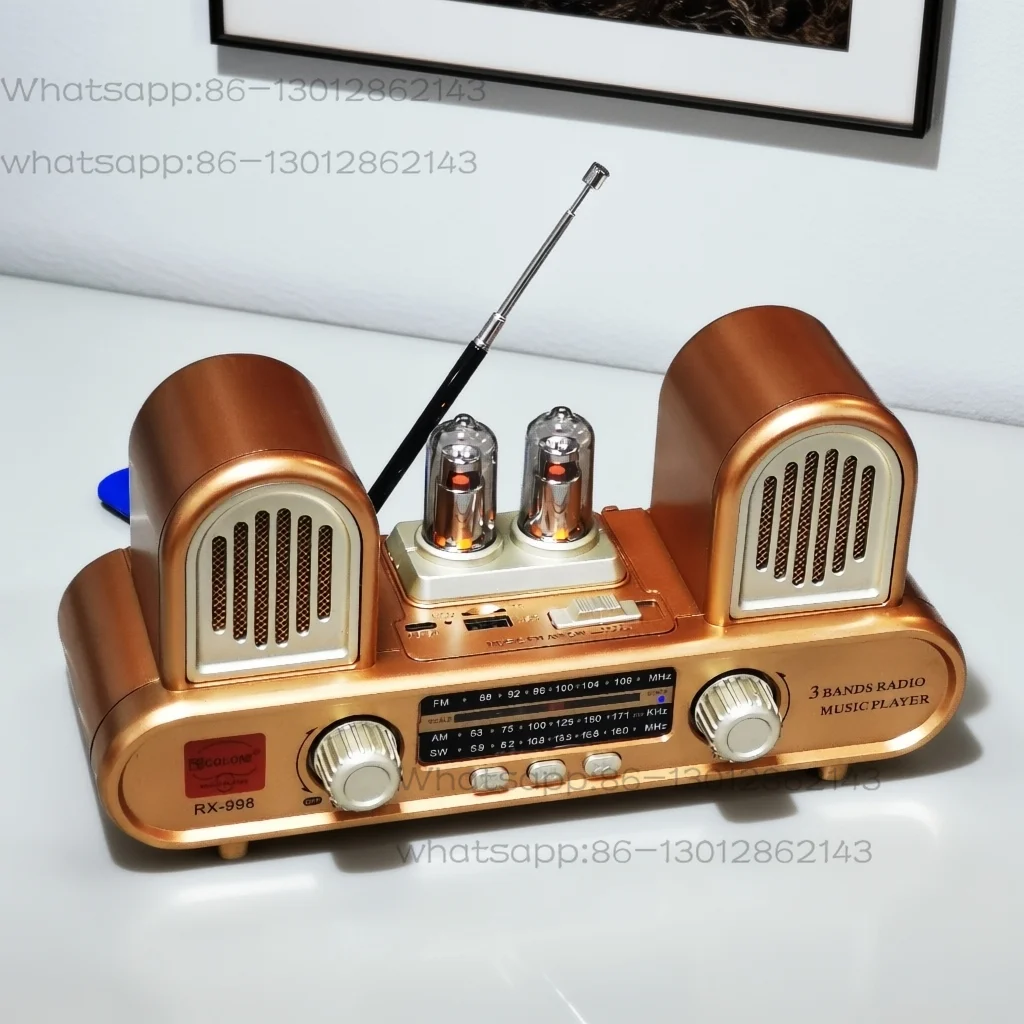 Rádio estéreo de dois canais FM, onda média, onda curta, alto-falante Bluetooth, estéreo com entrada para cartão.