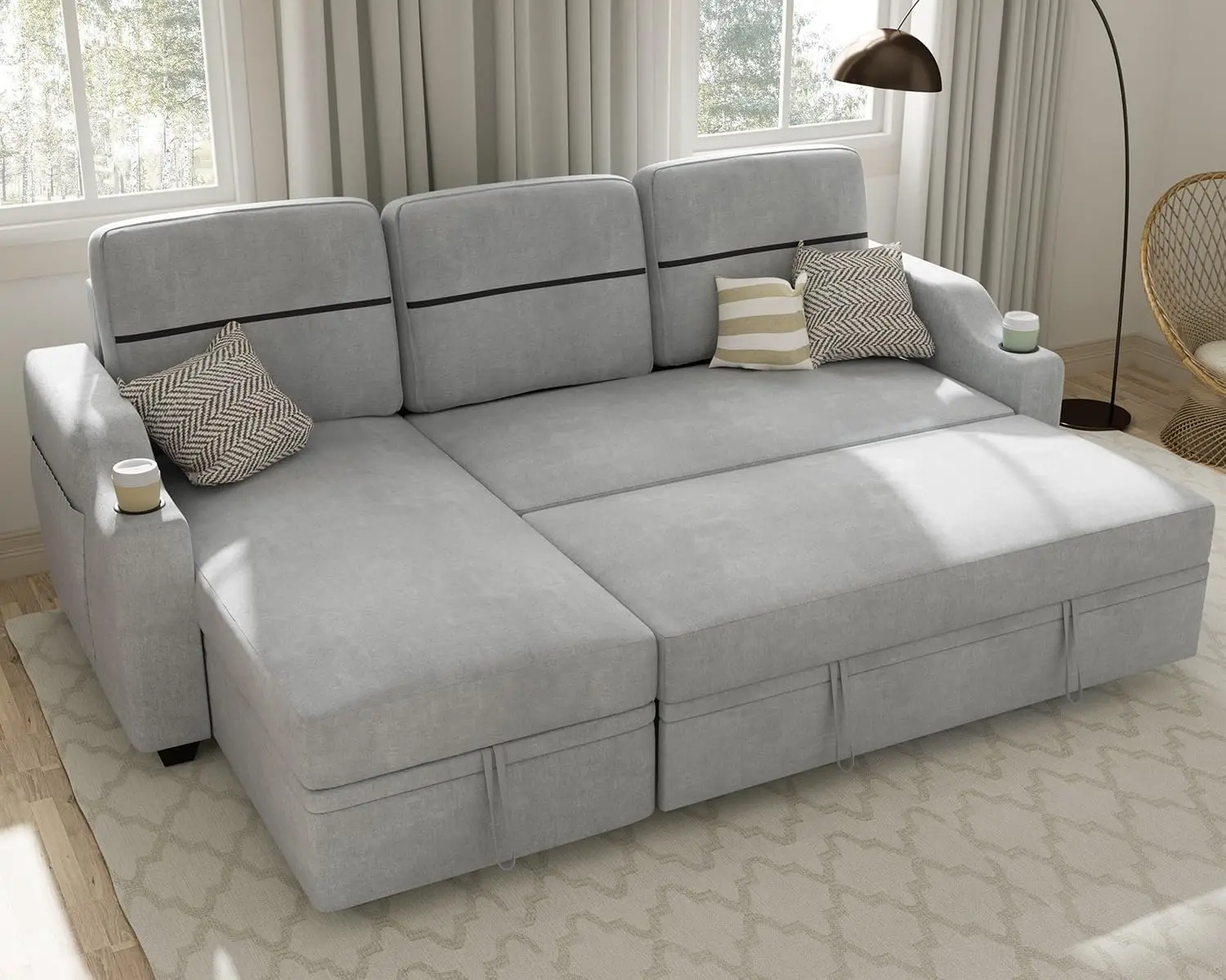 Reversible Sectional Sofa Couch, Sleeper Sofa Bed with Storage Chaise Pull Out Couch Bed