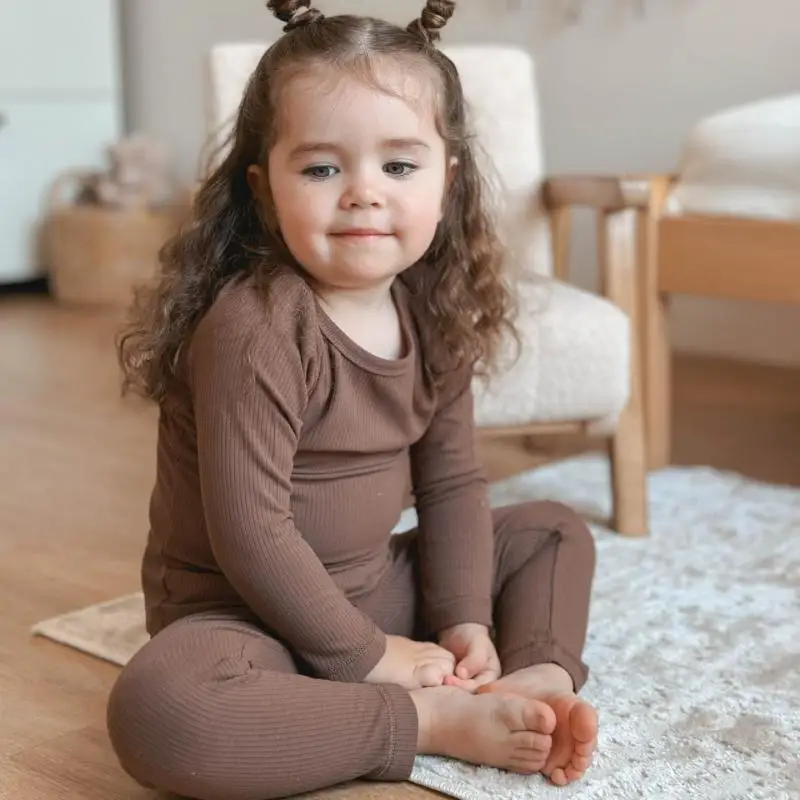 2024 Baby Girl Long Sleeves Children Pajamas Baby Boys Round Neck Top Pants Two Piece Set Solid Color Casual Home Clothes Suit