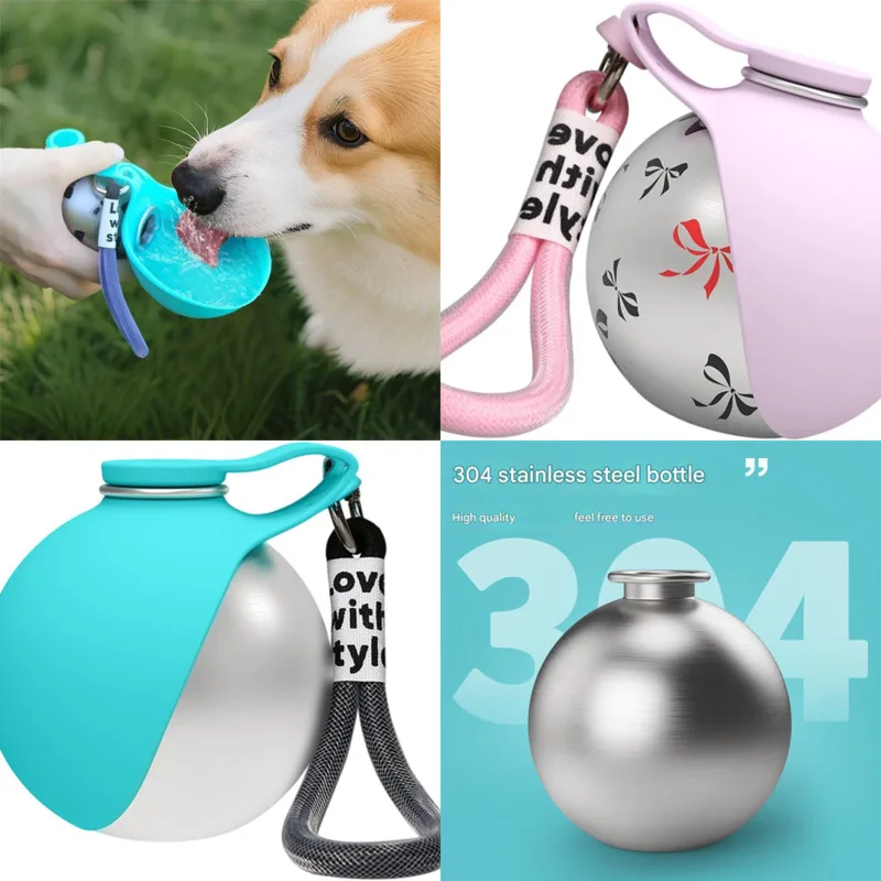 

304 Stainless Steel Dog Water Bottle Portable 285ML Pet Water Dispenser Foldable Silicone Bowl Strap Hook Outdoor Travel Bowl