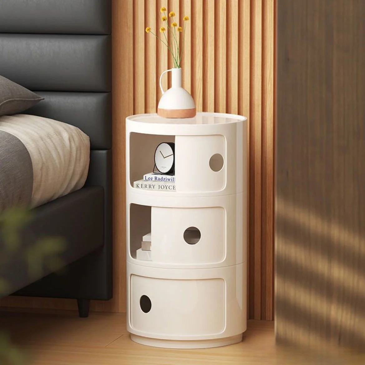 Modern Circular Bedside Table with Storage Cubbies - Painted Finish, Durable Plastic Nightstand with Mini Cabinet for Bedroom