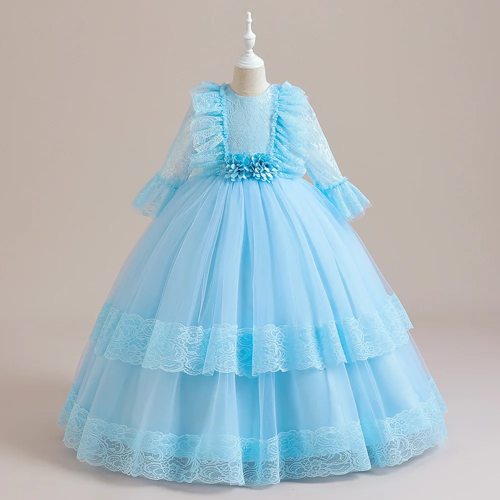 Girls Party Dresses 4 Colors 120cm-170cm Lace Dress Children Piano Show Ball Gown Birthday Wedding White Skirt Princess