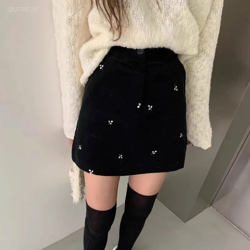 Corduroy Mini Skirts Floral A-line Elegant Korean Fashion Woman Skirt High Waist Retro Sweet High Waist Jupe Femme