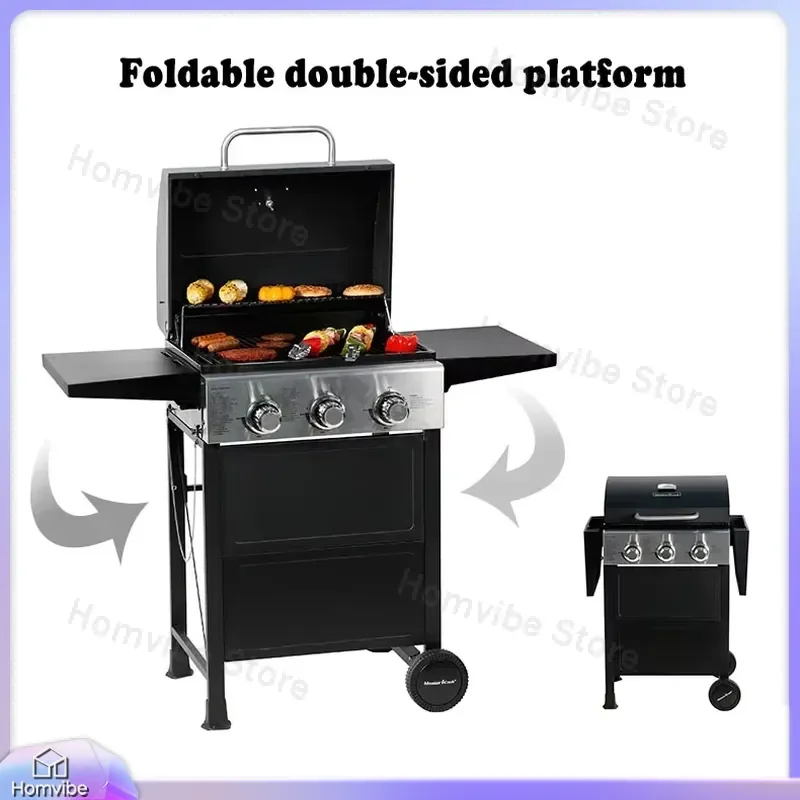 Газовый гриль с 3 конфорками и боковым столиком, из нержавеющей стали, портативный, для патио и сада