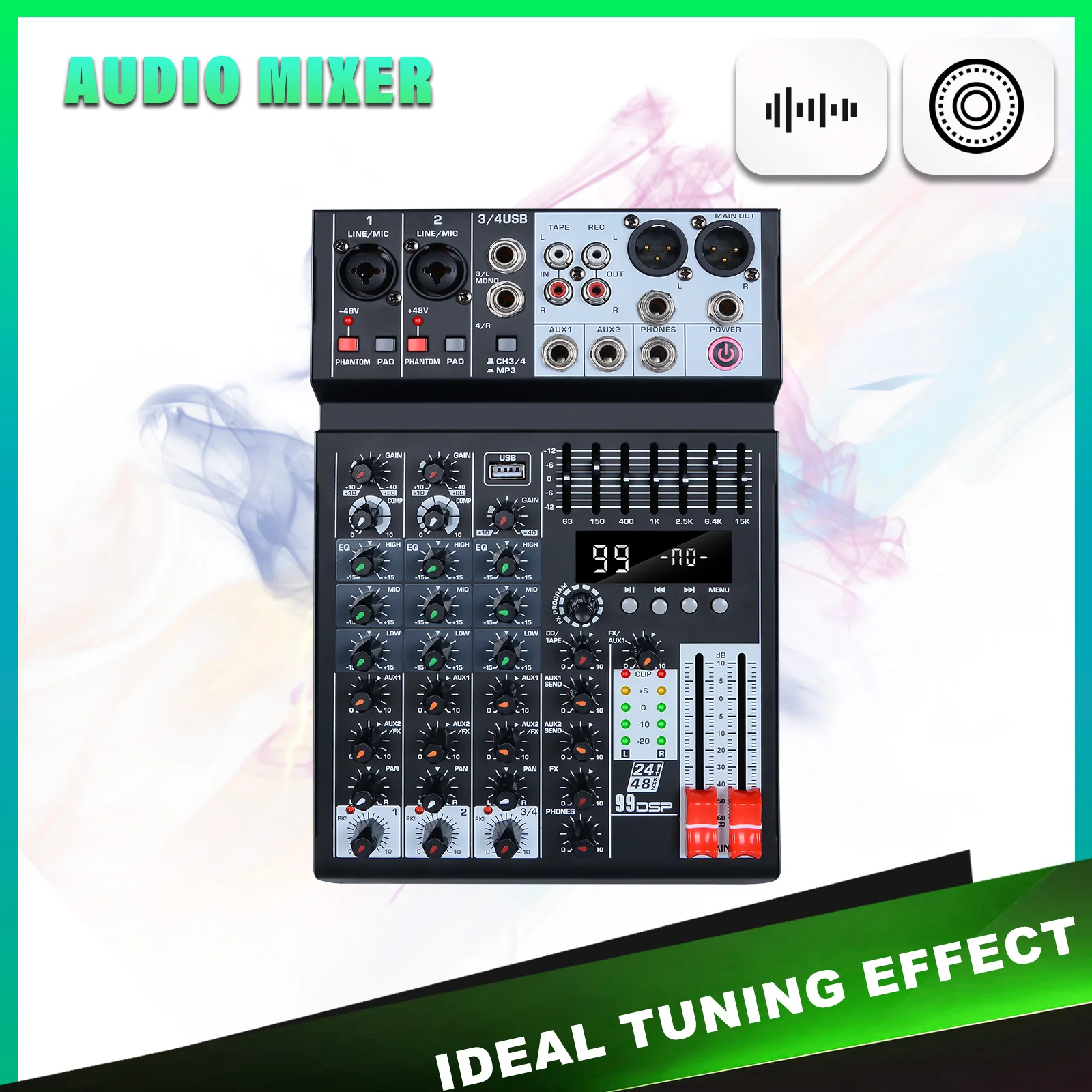 99 effects 4-channel mixing console with balance adjustment function Digital USB Bluetooth Echo Delay Effect 48V Stereo