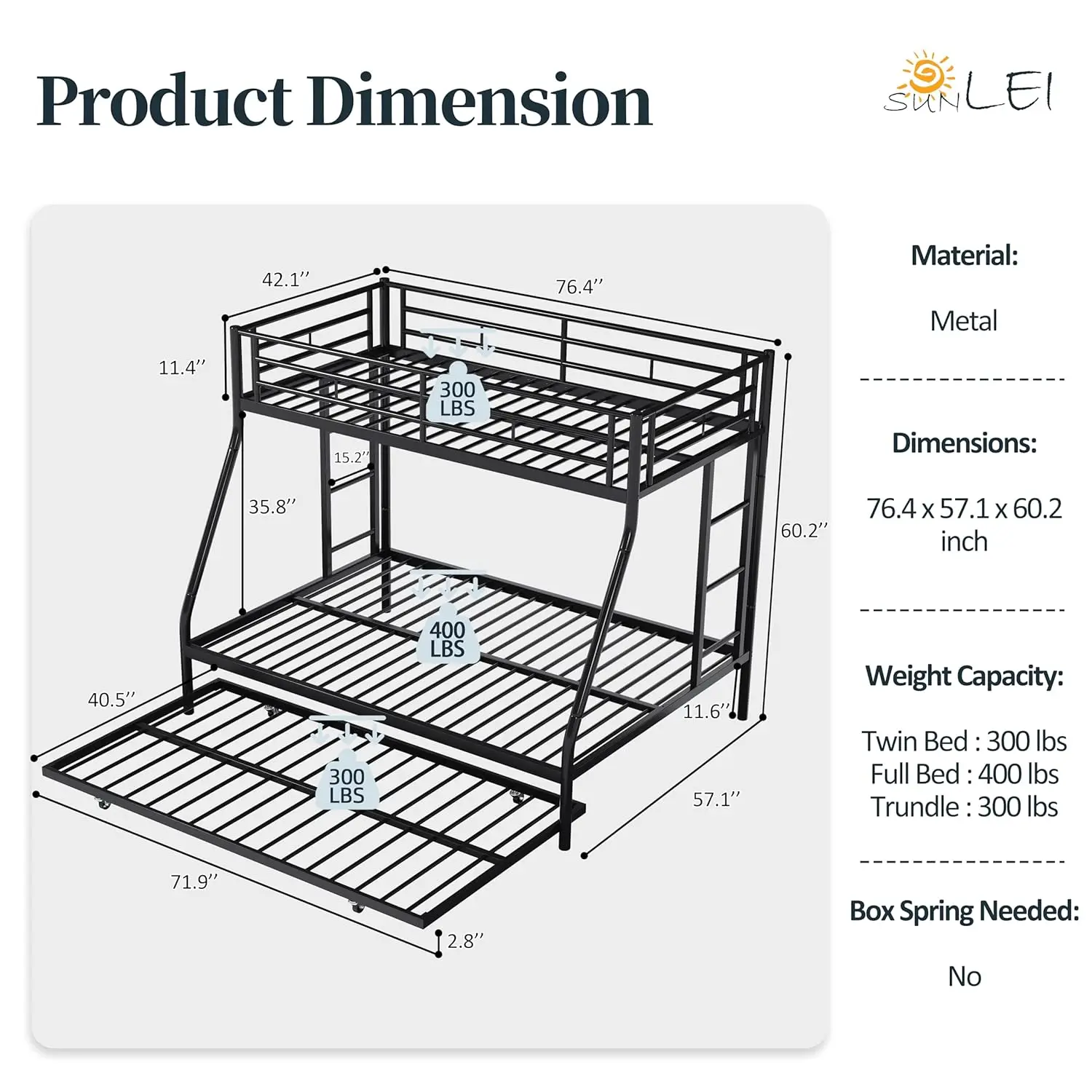 Twin Over Full Bunk Beds with Trundle, Heavy Duty Metal Triple Bunk Bed Frame, 3 Beds Space Saving Bunk Bed with, Customized