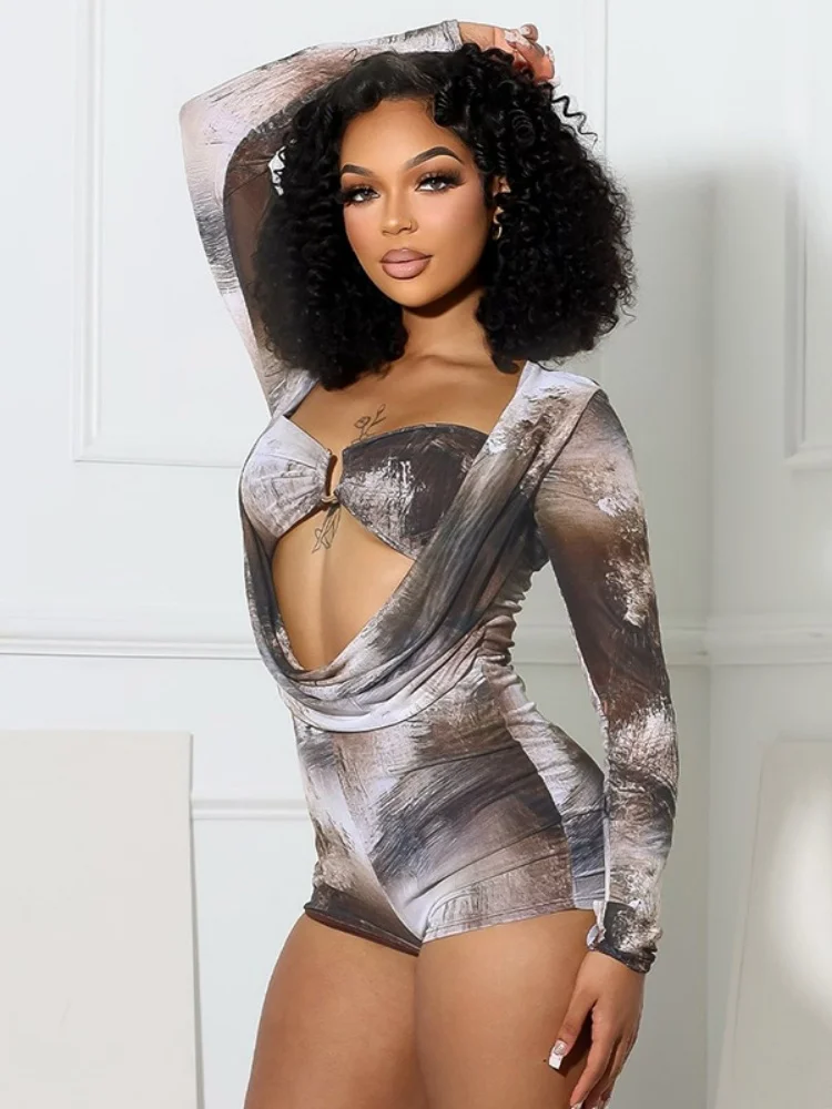 

Sister Star Women's Jumpsuit Slim Fit Ink Smudge Print Mock Neck Fake Two-Piece Long Sleeve Elegant Commuter Jumpsuit Outfit