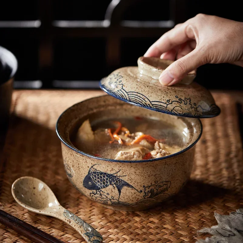 

Japanese Instant Ramen Bowl With Lid Retro Ceramic Large Capacity Noodle Salad Soup Bowls Household KitchenTableware Supplies