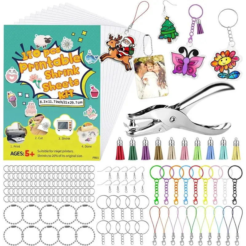 

B84B-Kids DIY Keychain Maker A4 Semi-Transparent Plastic Shrinky Dink Sheets 170 Pcs Printer Paper Kit Semitransparent