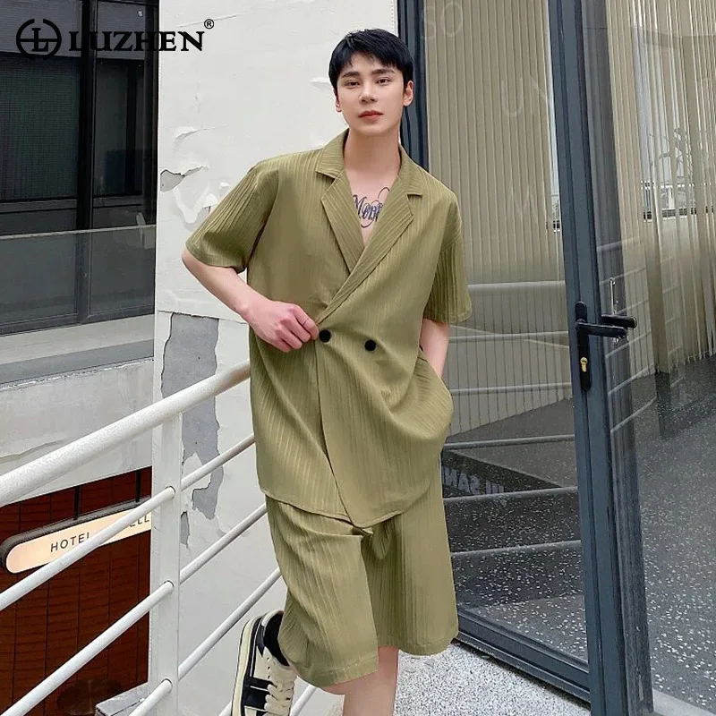 

LUZHEN 2026 Summer Solid Color Two-piece Sets Men's Fashion Handsome Double Breasted Short Sleeve Shirts Straight Shorts JY6399