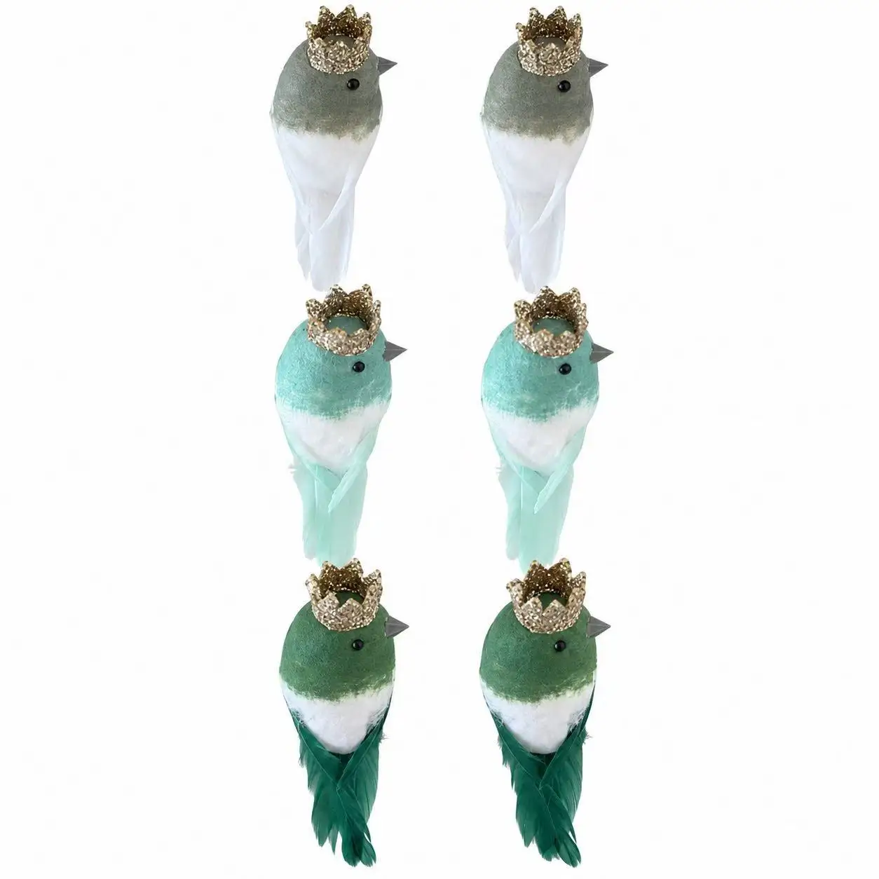 6PCS Artificial Bird Ornaments Green Feather Decorations with Crown for Home Garden Tree Decor