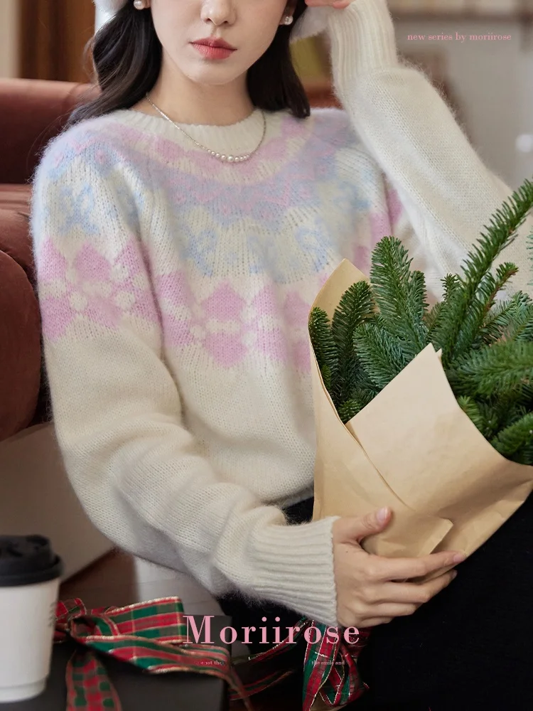 

Женский белый свитер Moriirose с узором Fair Isle, вельветовый, свободный, винтажный, повседневный, высокое качество, зимняя мода