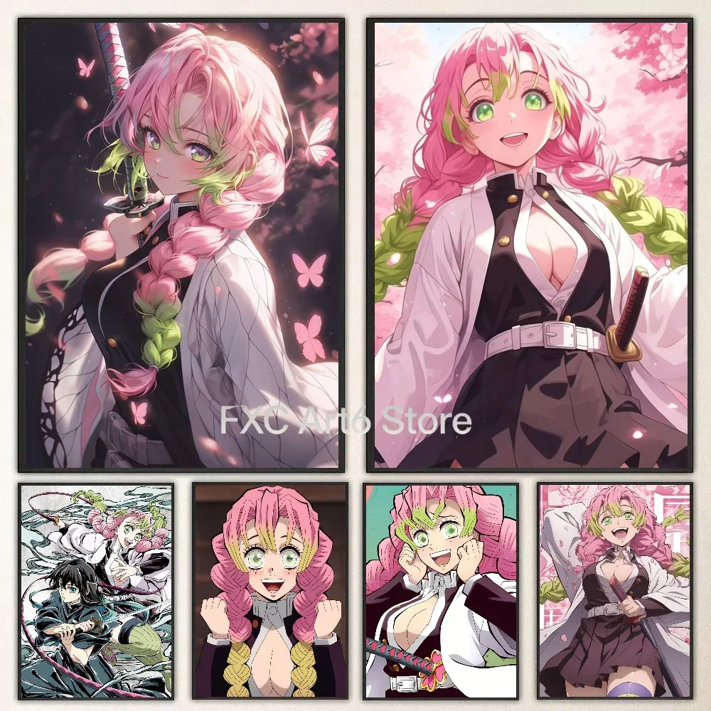 Anime Character Kanroji Mitsuri Wall Art Set No Frame Canvas Painting Japanese Manga Figure with Pink Hair Sakura Background