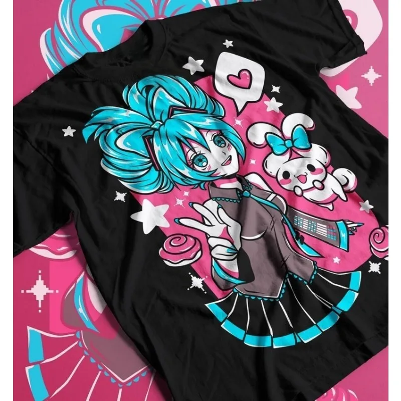 2026 Trendy Hatsune Miku Retro Cosplay T-shirt Men's Oversize Casual Cotton Printed Short-sleeved Unisex Children's Sports Shirt