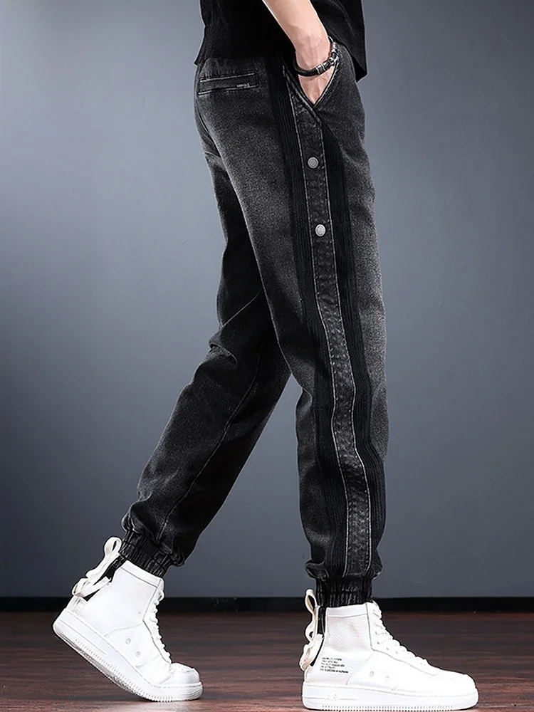 

Men's Denim Pants Spring 2026 American Retro Striped Color Blo Cuffed Long Trousers Casual Loose Straight Leg Jeans