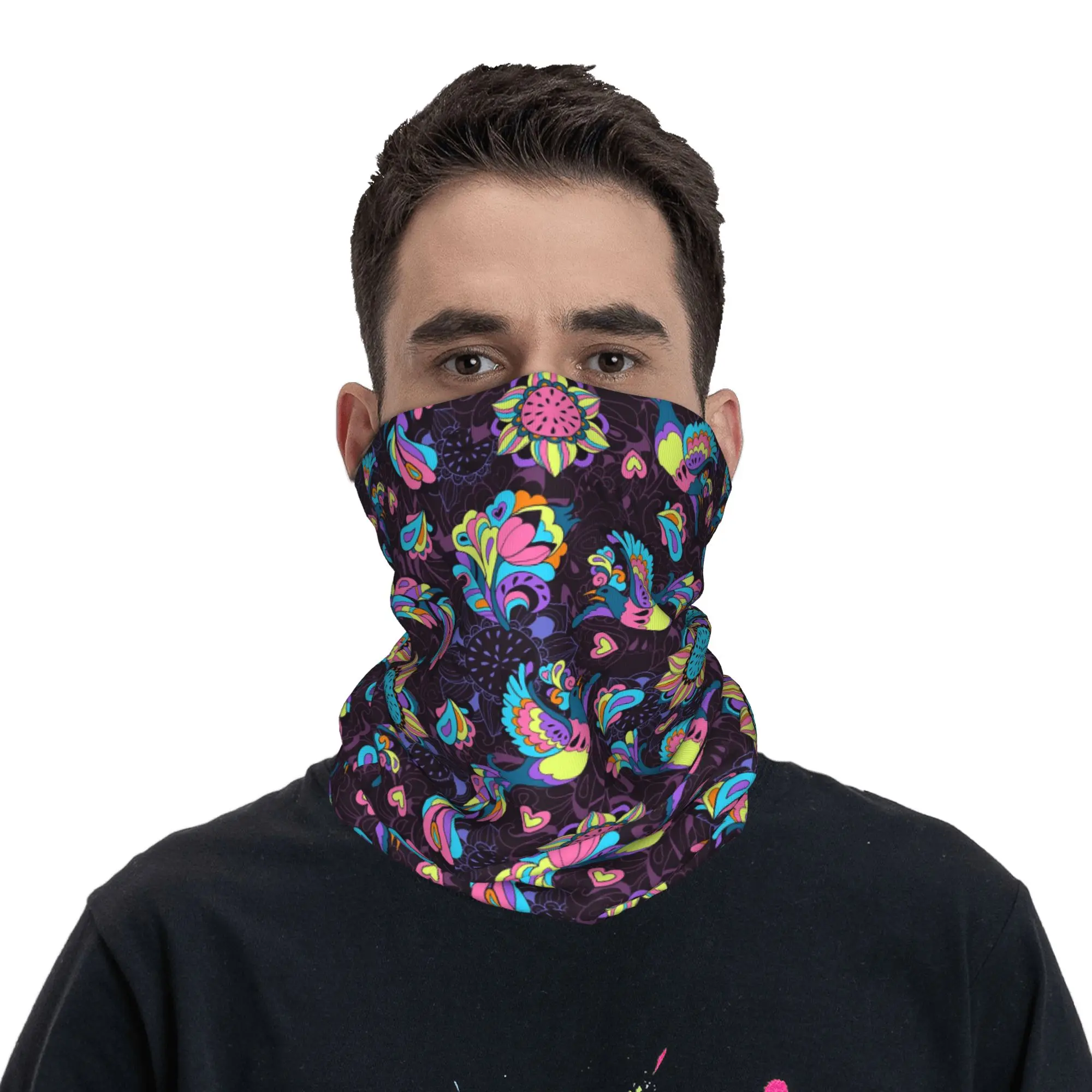 Sunbird Bird  Phoenix and sunflower in violet Bandana Neck Gaiter Printed Wrap Mask Scarf Face Mask Riding Unisex Windproof