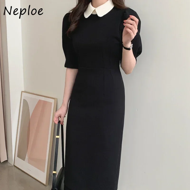 Neploe Temperament Contrast Color Lady Robe Femme High Waist Short Puff Sleeve Vestidos Femenino Mid-length Elegant Dresses